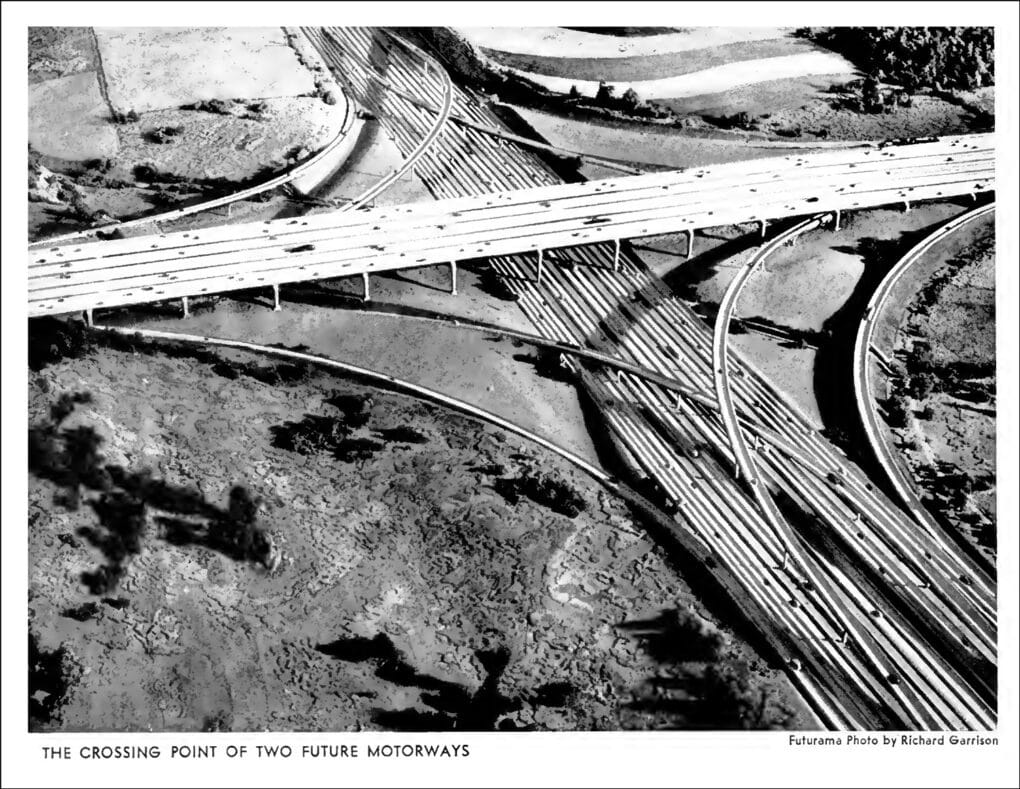 Black-and-white illustration from a book, showing double-decker highway interchange.