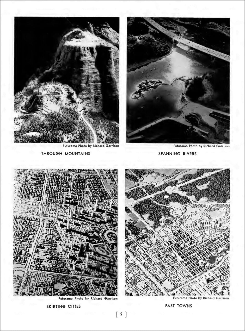 Black-and-white page from a book, with four vertical black-and-white photographs of a model of interstate highways.