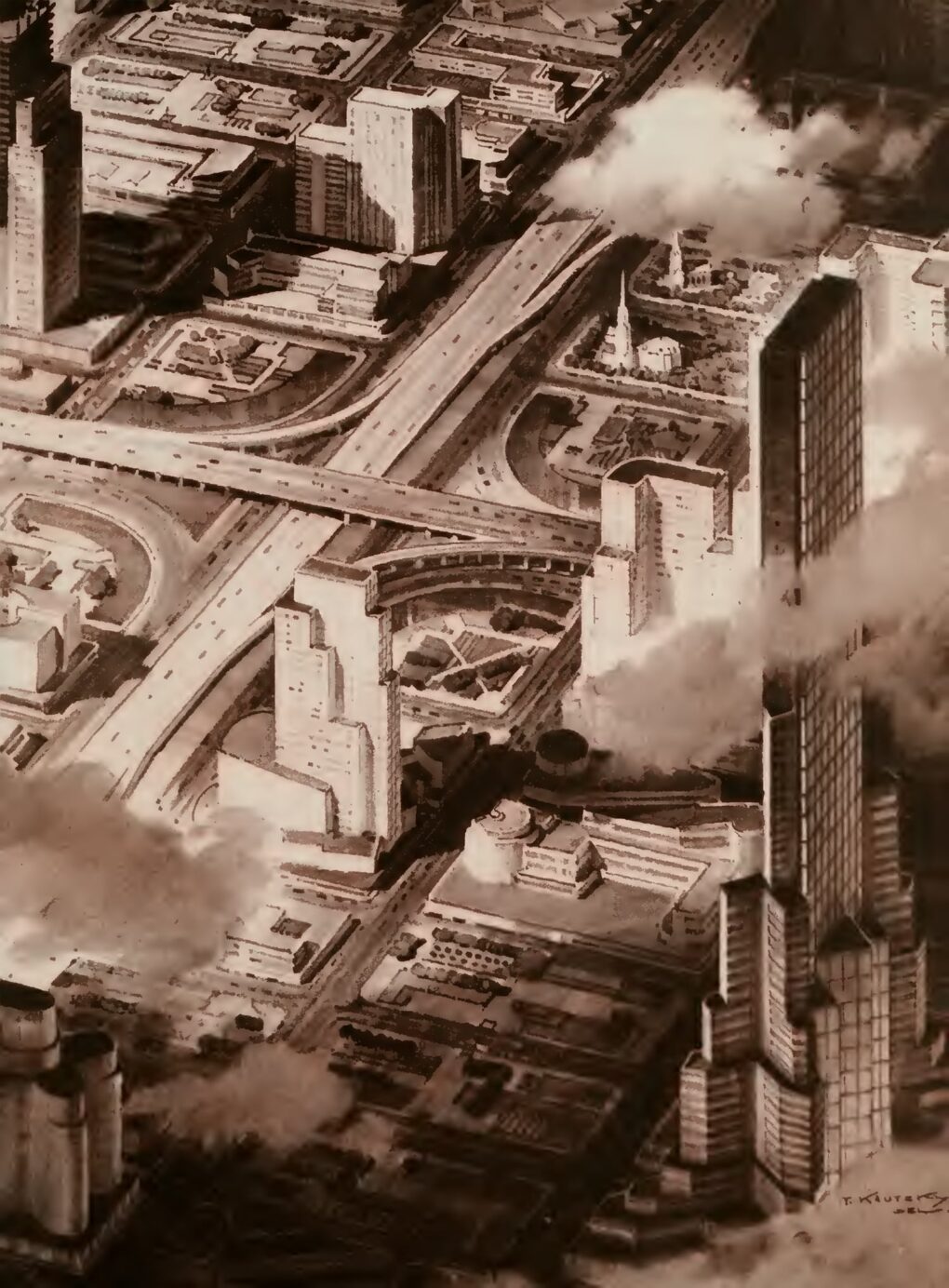 Black-and-white illustration of urban highways and skyscrapers seen from the air.