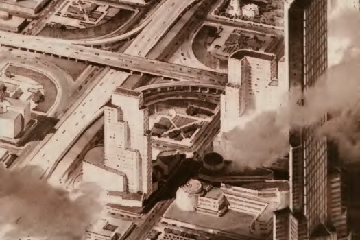 Black-and-white illustration of urban highways and skyscrapers seen from the air.