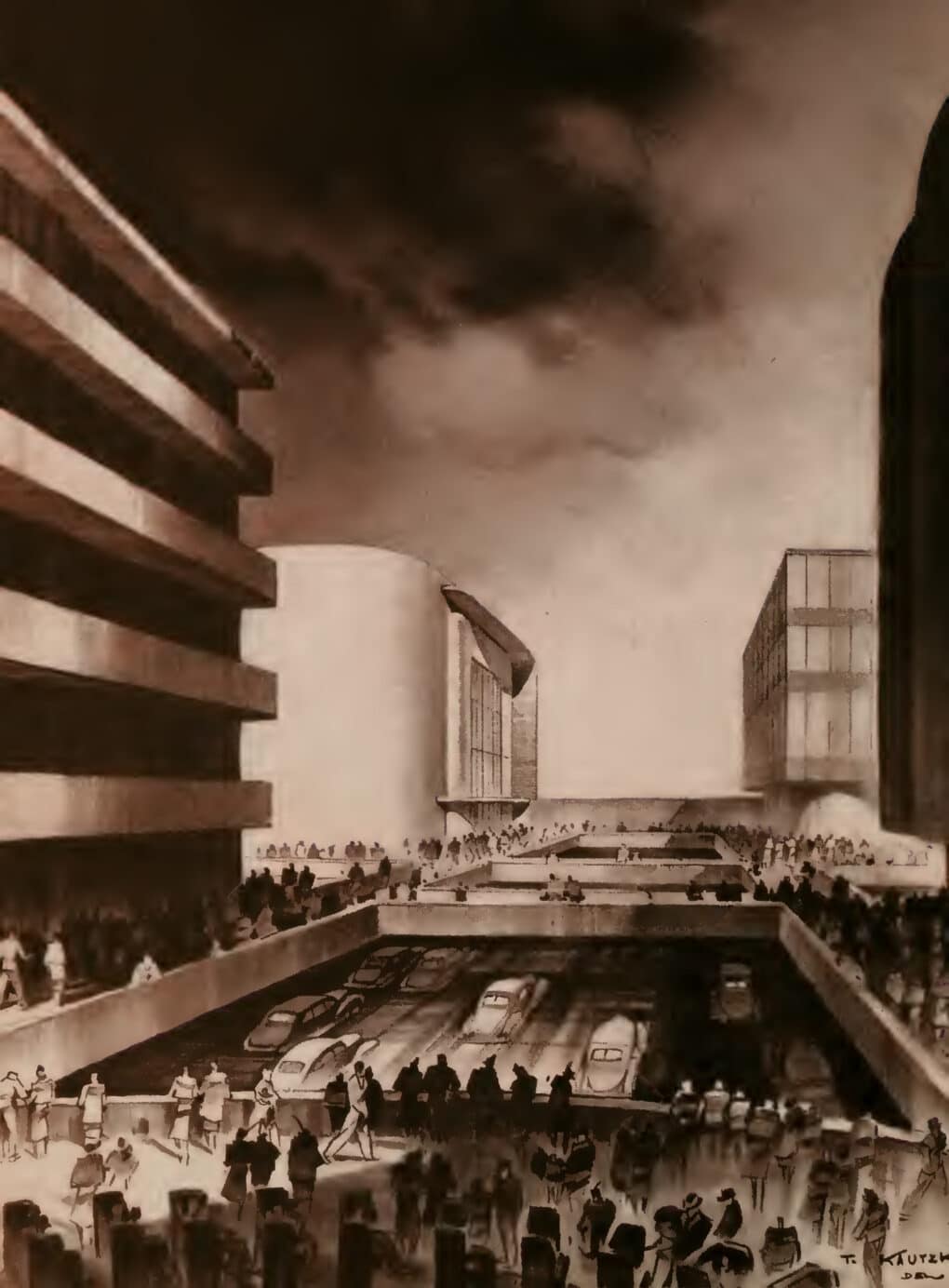 Black-and-white illustration modeling double-decker urban streets with pedestrians above and traffic below.