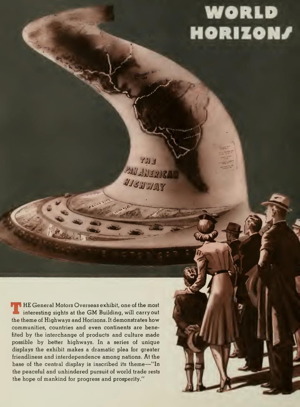 Black-and-white page from brochure with drawing of small crowd viewing stylized, spiral-shaped world map.