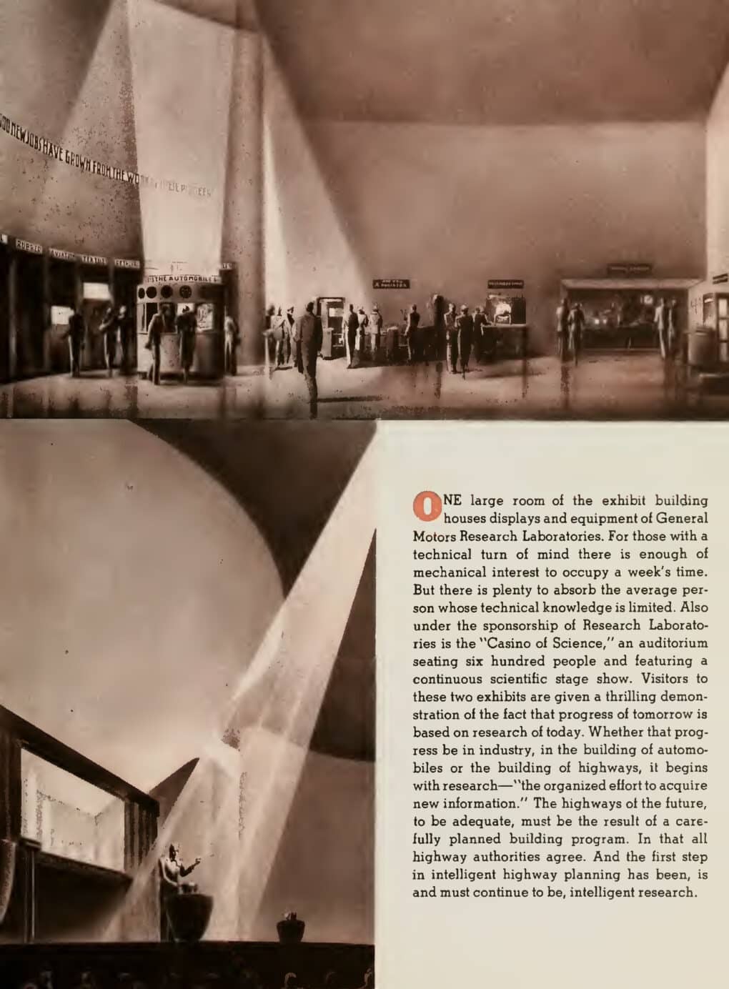 Black-and-white page from brochure, with rendering of visitors to a futuristic exhibit hall.