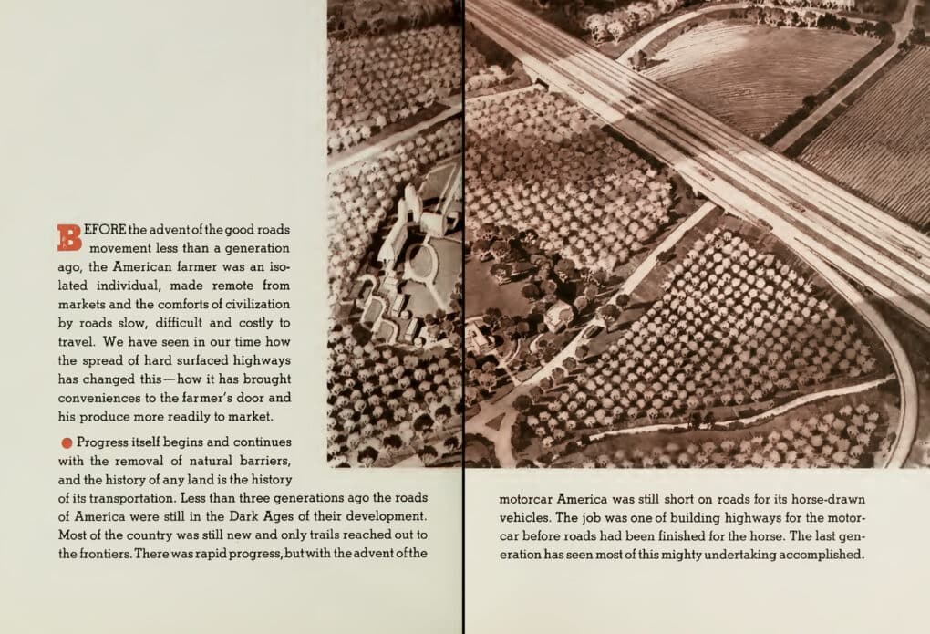 Double-page spread of brochure, with text and black-and-white illustration of interstate highway moving through farmland.