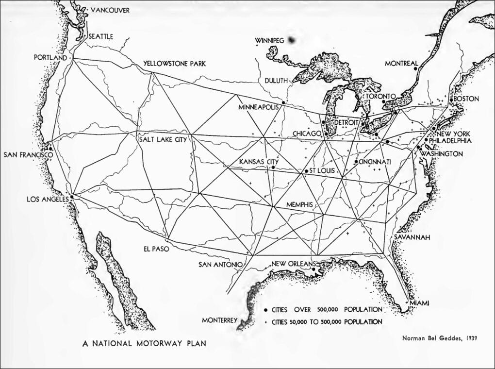 Black-and-white map of planned interstate highway routes across the U.S.