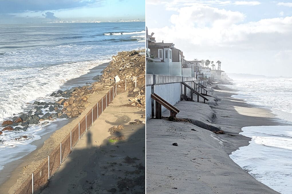 Color photo on left shows fence that runs parallel to the water and seems to be on wet sand. Photo on right shows a line of homes, each with a seawall on wet sand. 