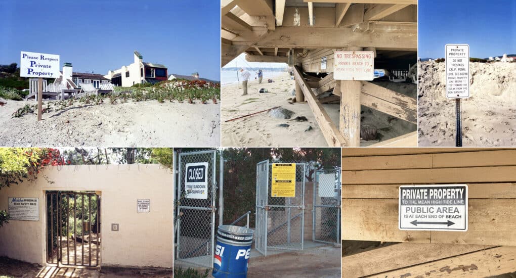 Grid of six images, each showing signage indicating that beach access is restricted. Some photos also show gates and walls. 