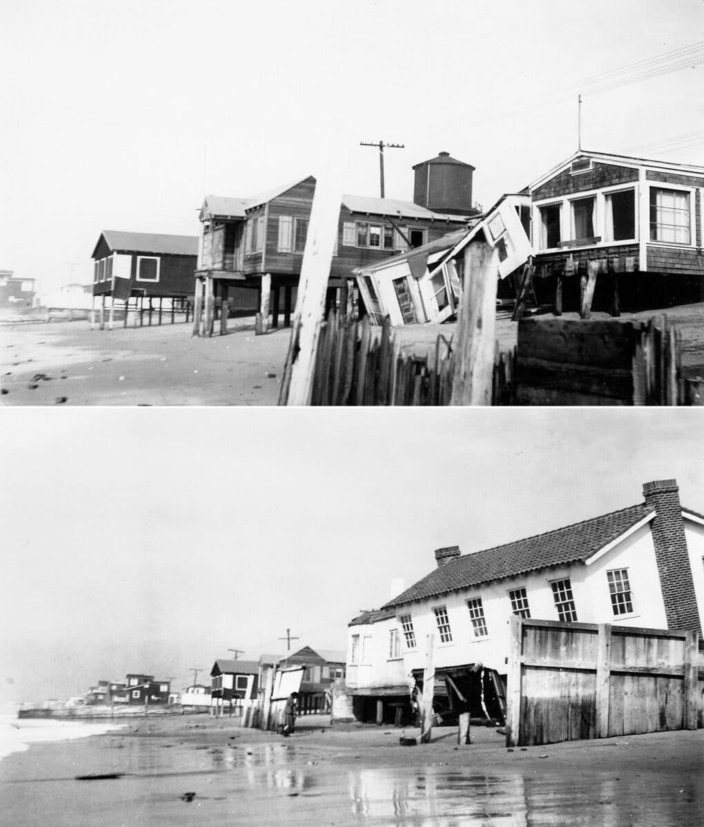Two black and white pictures of houses built on piling directly on the sand, and in the process of falling down. One has crashed and another is tilted at a 45 degree angle.