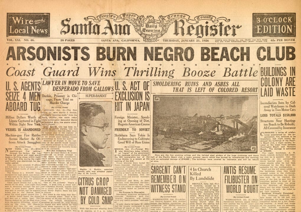 Front page of newspaper, the Santa Ana Register. Large bold headline in all capitals reads, "Arsonists Burn Negro Beach Club."