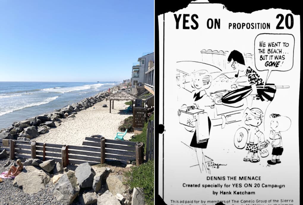 Image on left is a photo of the beach with a wall of boulders. Image on right is a comic with torn edges. A child is telling his friend "We went to the Beach...but it was gone!"