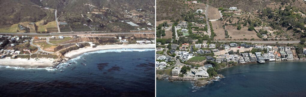 Two aerial photos of beach, one with very little development along shore, and the other with about twenty large houses on the water.