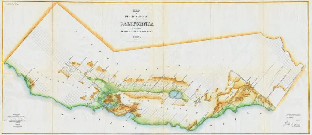 Nineteenth-century map of the State of California, with the state positioned horizontally, and all coastal areas colored in shades of green. 