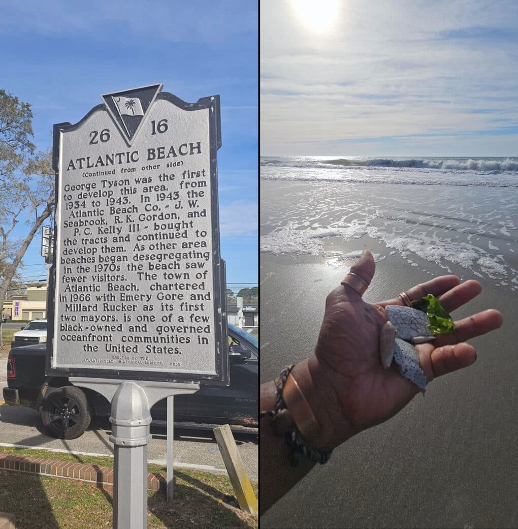 Two color photographs: Historic marker for the town of Atlantic Beach; a man's outstretched hand with shells in the palm.