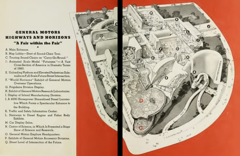 Double-page spread from a brochure, with map and lettered key.