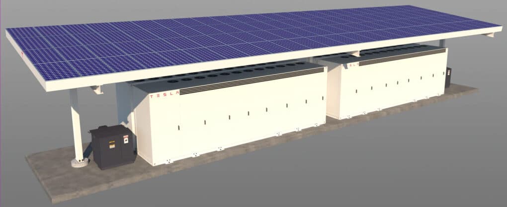 Color rendering of block-like battery array under solar-panel canopy.
