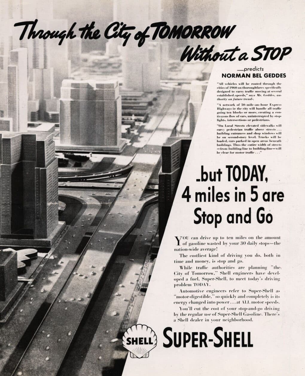 Black-and-white advertisement for Shell Oil with illustration of model city and headline "Through the City of TOMORROW Without a Stop."