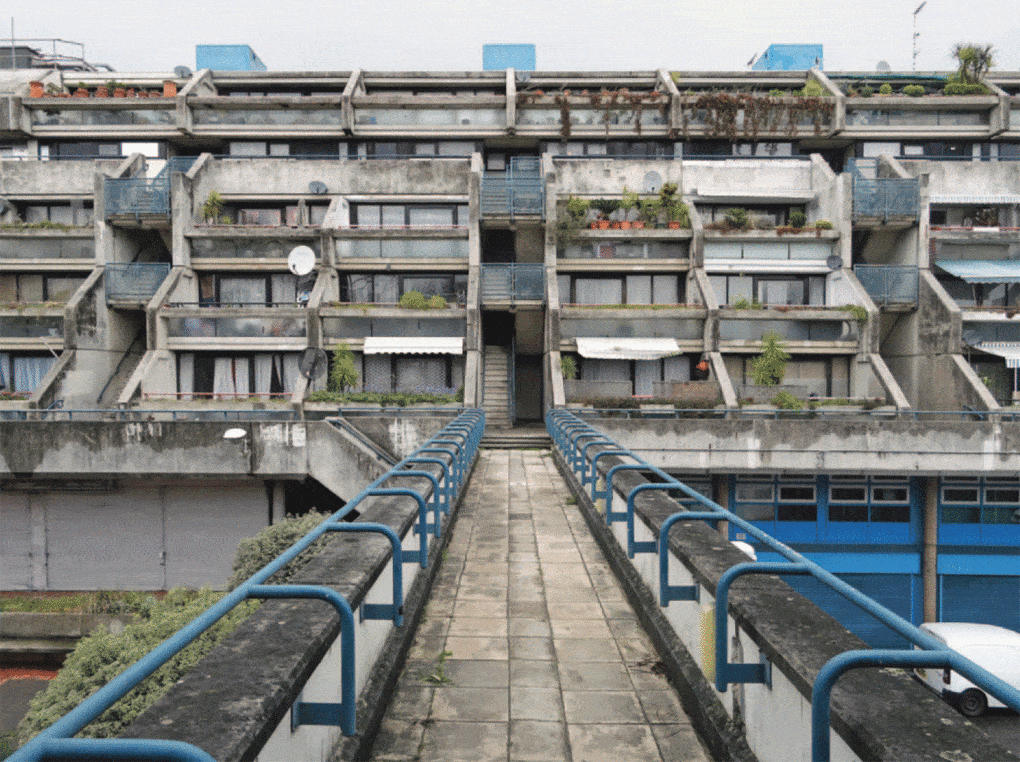 Block A of Rowley Way, at the Alexandra & Ainsworth Estate, 1972–79, built and sponsored by the Borough of Camden; the project architect was Neave Brown. 
