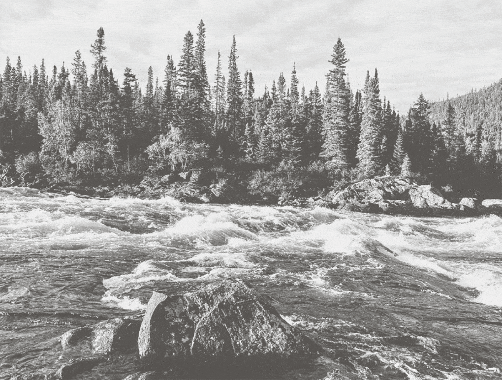 A photo of the Mutehekau Shipu, in eastern Quebec. In the Innu language, the name means either "‘the river who flows between square, rocky cliffs" or "the river of sharp rocks and steep banks."