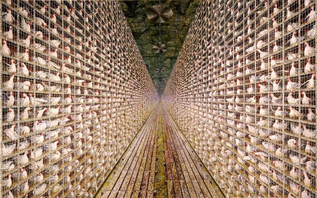 Color reproduction of oil painting showing white chickens in cages stacked floor to ceiling along both sides of a central aisle, stretching back infinitely to a central vanishing point.