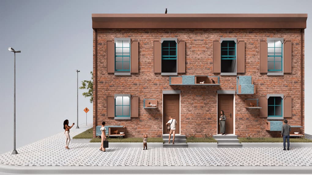 Color digital rendering of brick rowhouses with apertures specially designed for cats.