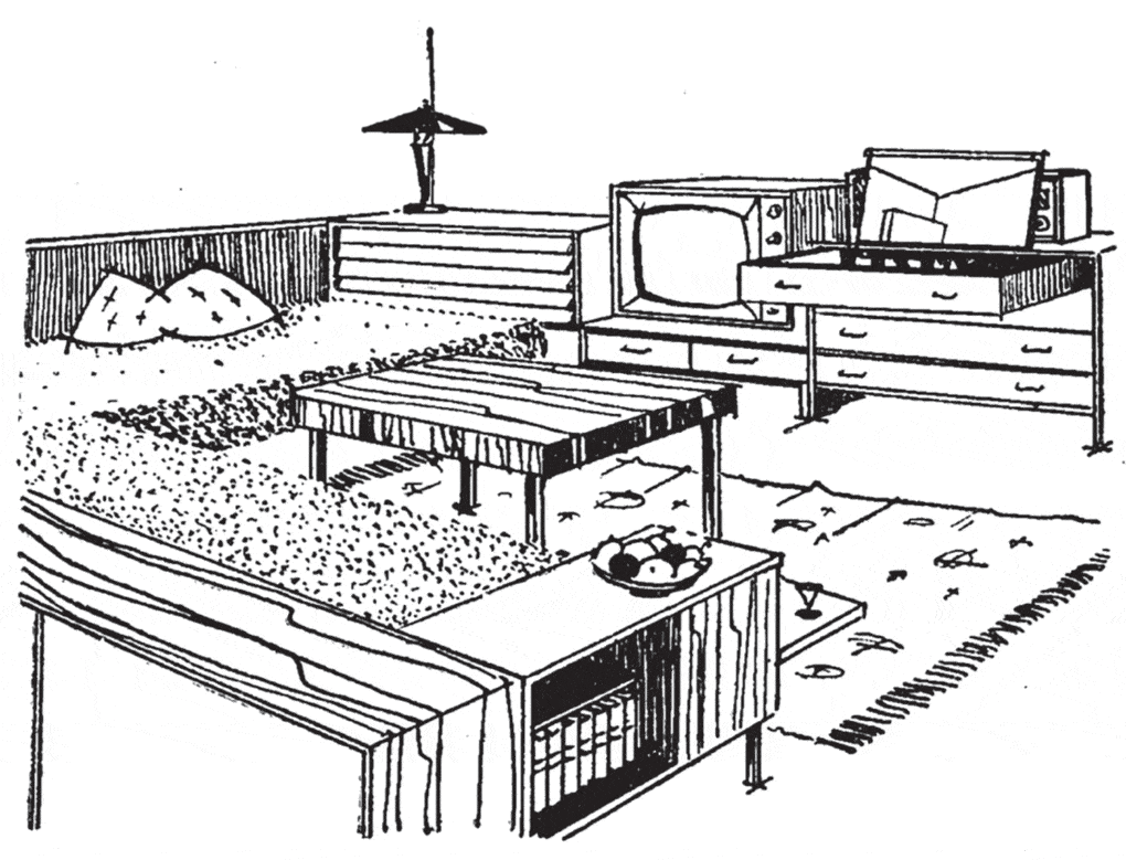 An illustration from Boris Merzhanov's Inter'er zhilishcha (Residential interior),illustrating the use of multifunctional or convertible furniture, ca 1970. From Taking the Soviet Union Apart Room by Room. 