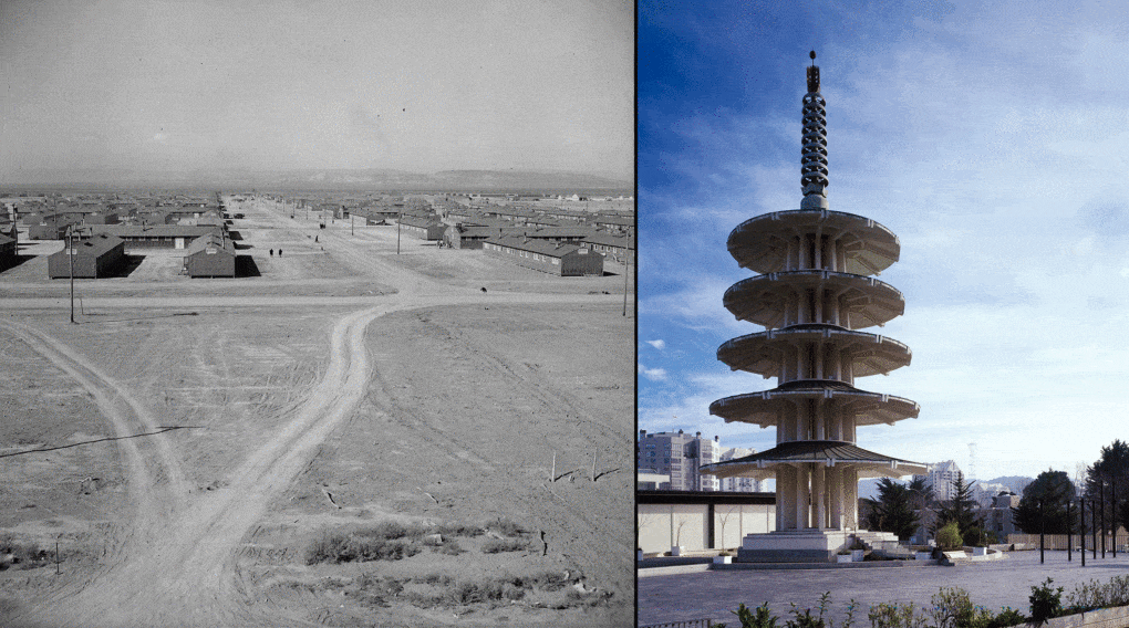 Left: Internment camp in Topaz, Utah, where Japanese Americans were imprisoned during World War II. Right: Peace Pagoda, Japantown, San Francisco, California, 1969. 
