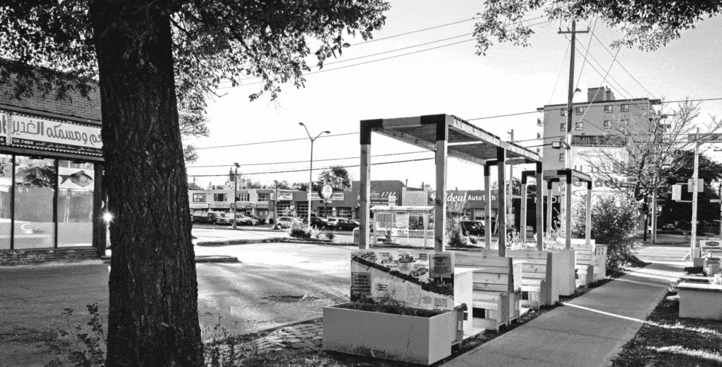 Outdoor booth-style seating at Ghadir Plaza, Wexford Heights, Scarborough, Canada.