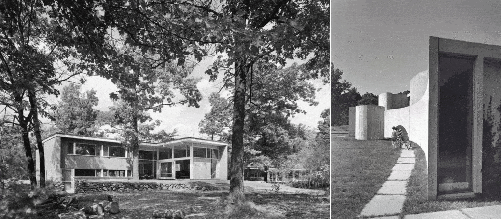 Left: Fletcher House, Six Moon Hill, Lexington, Mass., 1948. Photograph by Ezra Stoller, from Women Architects at Work. Right: Mary Otis Stevens and Tom McNulty, Lincoln House, Lincoln, Massachuetts, 1965. From Women Architects at Work. 