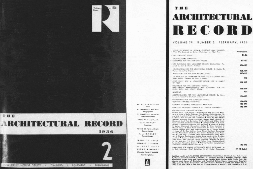 Cover and table of contents page, from the February 1936 issue of Architectural Record.