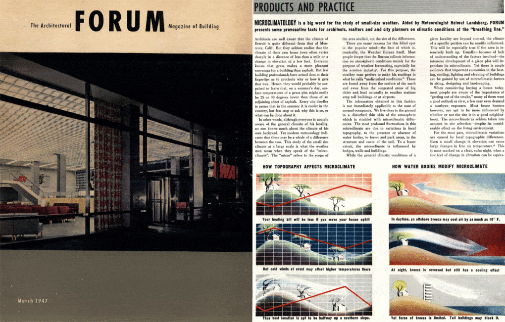 Cover and spread from article on "Microclimatology," from the March 1947 issue of Architectural Forum. 