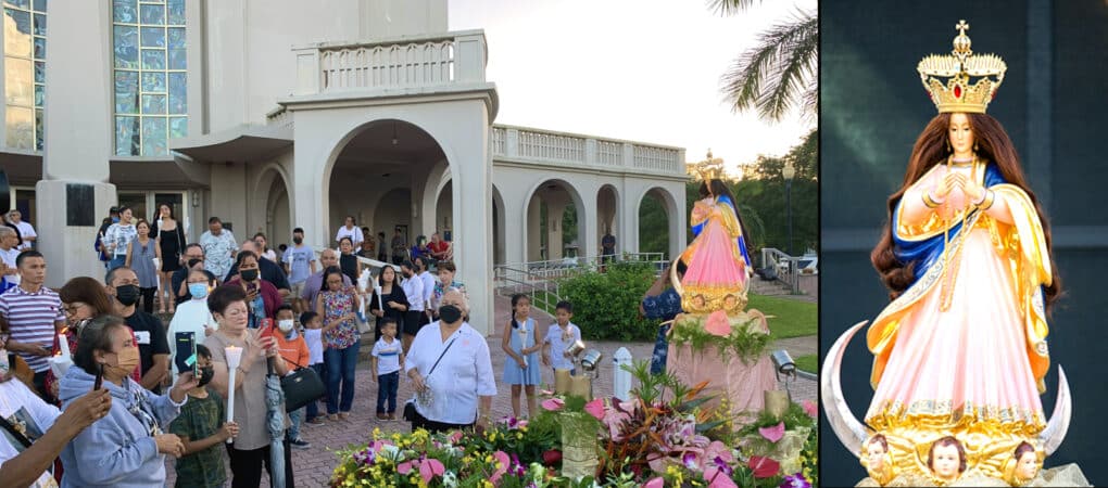 Right: Color photograph showing a group of mostly masked, middle-aged, Chamorro people photographing a polychromed statue in a garden outside a modern cathedral; left: Polychromed statue of a crowned Virgin with a pink dress, gold and blue robe, and long brown hair.