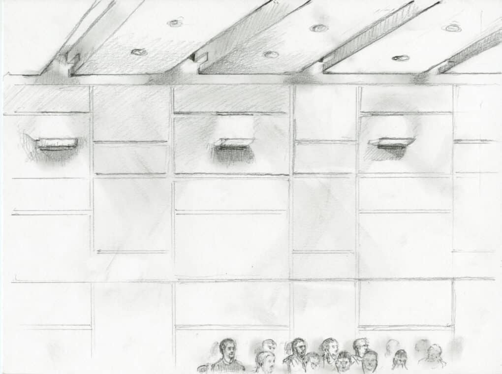 Pencil drawing with some shading of what appears to be a vast high-ceiling institutional room, with a group of people sitting in corner, only their heads visible. 