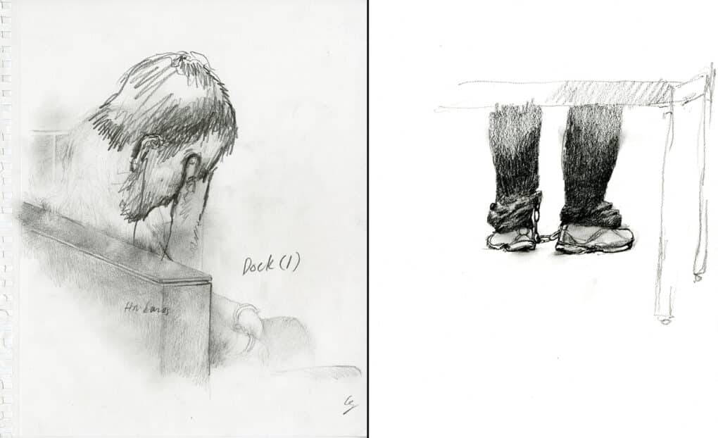 Two graphite drawings. One the left a man in profile cradles his face in his hands. the right shows only someone's legs in shackles. 