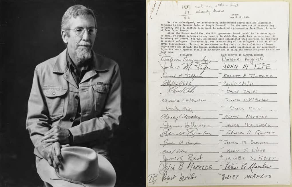 Image on the left is a black and white portrait of a white man with a mustache and goatee, holding a cowboy hat over his knee and wearing a jean jacket, about 70 years old. On the right is a petition with signatures filling the page. 