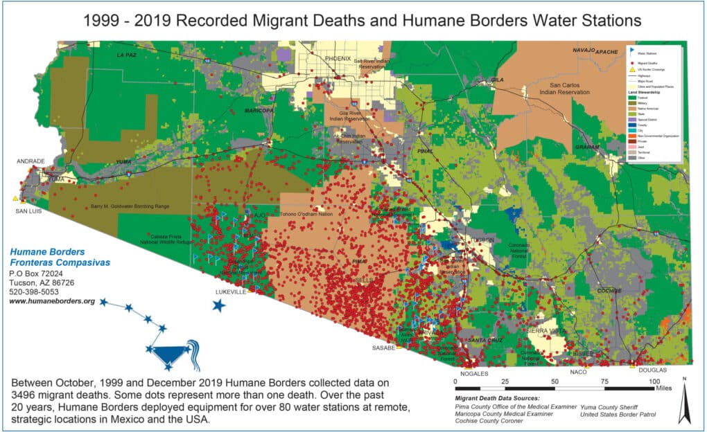 Detailed graphic of southwestern border, with red dots indicating locations of migrant deaths. 