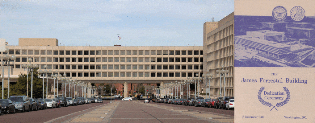 Left: The Forrestal Building, spanning ndependence Avenue and looking toward the Smithsonian Castle. Right: From the dedication ceremony in November 1969.