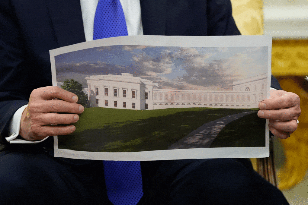 Photo of Donald Trump holding a rendering of the new White House ballroom during a a meeting with the Secretary of NATO in the White House, October 22, 2025