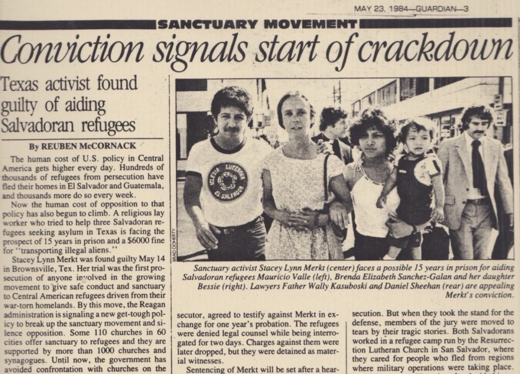 Newspaper clipping with photo of white woman with Hispanic man and woman on either side, with headline "Conviction signal start of crackdown."