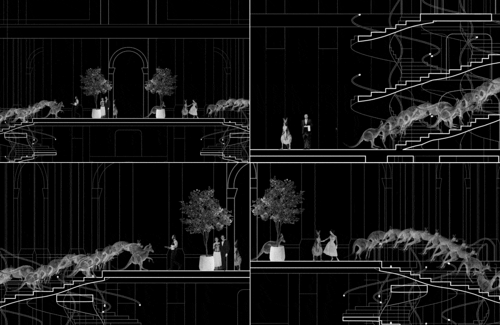 Details of the drawings, clockwise from top left: the setting; Innaminka enters and climbs; Innaminka lands and hides; Innaminka pees, is caressed, and tumbles.