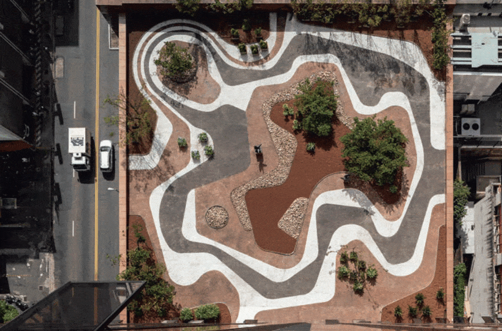 Aerial view of the roof garden of Safra Bank, São Paulo, designed in 1938 by Roberto Burle Marx. Photo by Leonardo Finotti, from Landscape Fieldwork.
