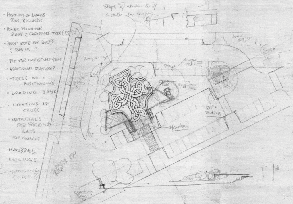 Design sketch of a proposal for the village center of his hometown in Ireland, created by the author as a design school project. Drawing by Gareth Doherty, reproduced in Landscape Fieldwork.