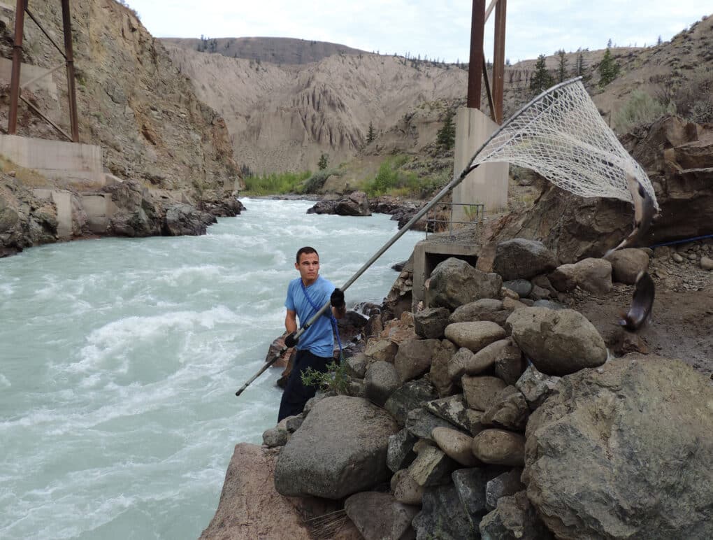 Color photograph of young man wielding a large net on a long pole beside a fast-flowing, blue-tinged river.