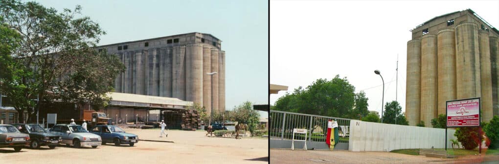 Two color images of two different clusters of tall imposing concrete silos.