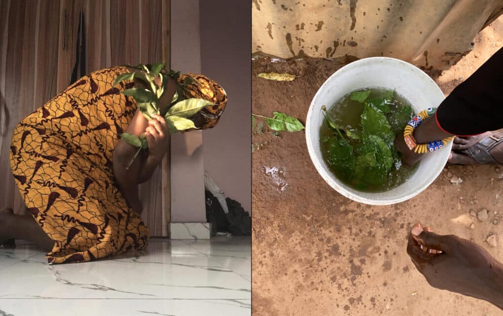 On the left is an image of a woman kneeling on a marble ground and bowing, wearing a traditional African print dress and holding a plant stem with leaves. On the right someone is dipping their hands in a bucket of water with green leaves in it.