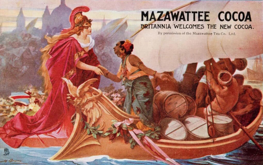 Vintage color advert for "Mazawattee Cocoa," shows a boat loaded with barrels greeting a female allegorical type figure, intended to represent England.
