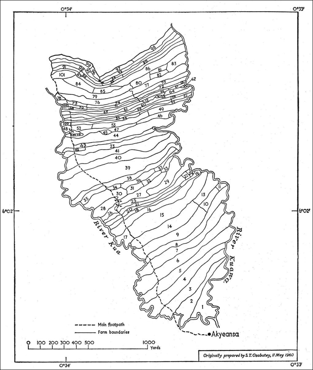 Image is a scientific-style drawing that shows a dotted line passing through about sixty plots of land. The line runs vertically, whereas the plots of land are thin elongated strips stacked horizontally.