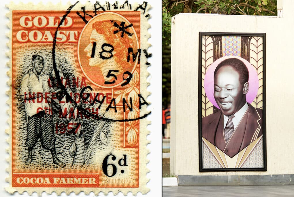 On the left is an orange Gold Coast post stamp that celebrates the cocoa farmer; on the right is a stylized portrait of Kwame Nkrumah on an outdoor wall.