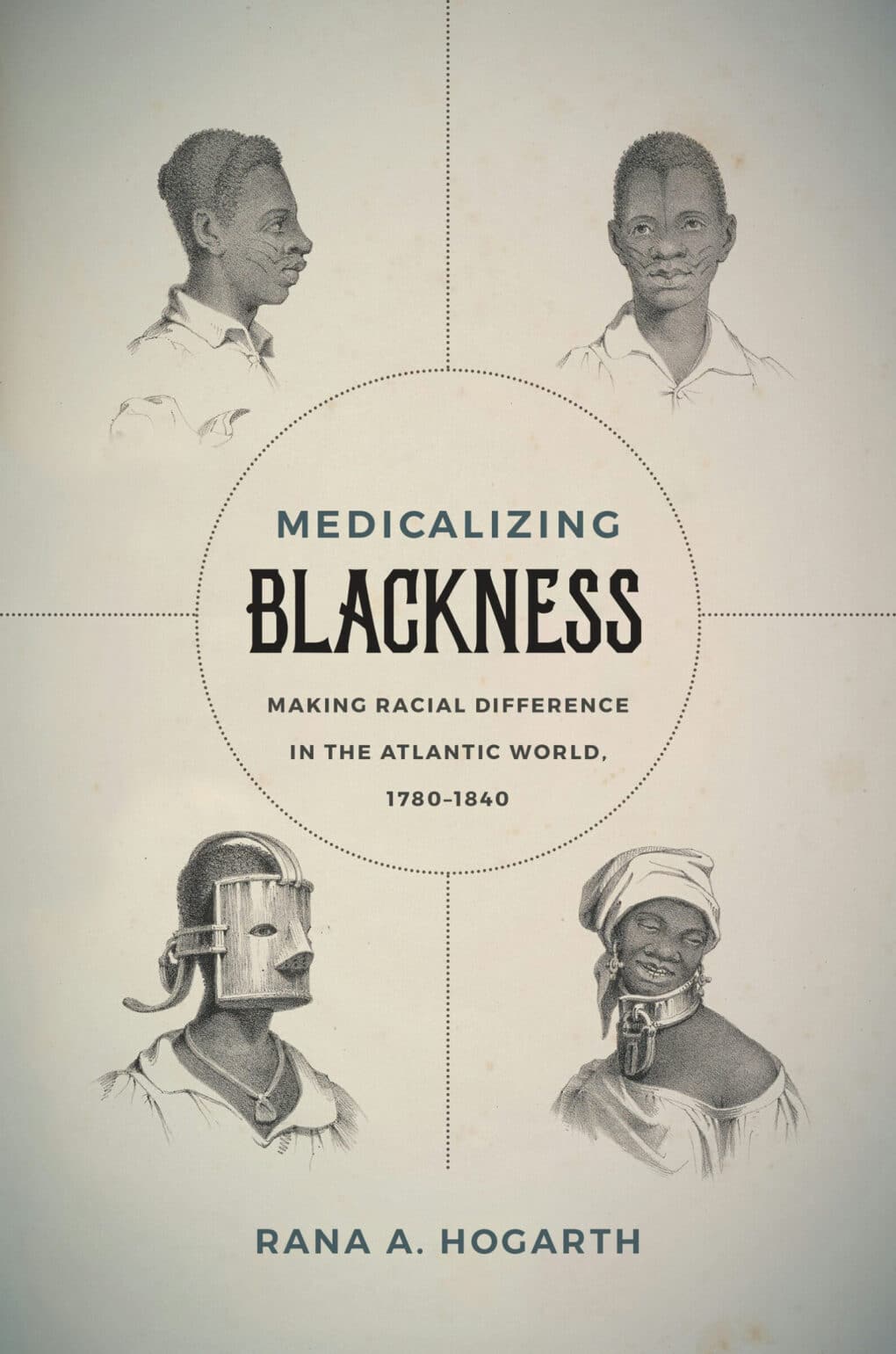 Book cover image with black-and-white print showing four heads, two African men and two African women. One wears a metal mask, and one a metal collar.