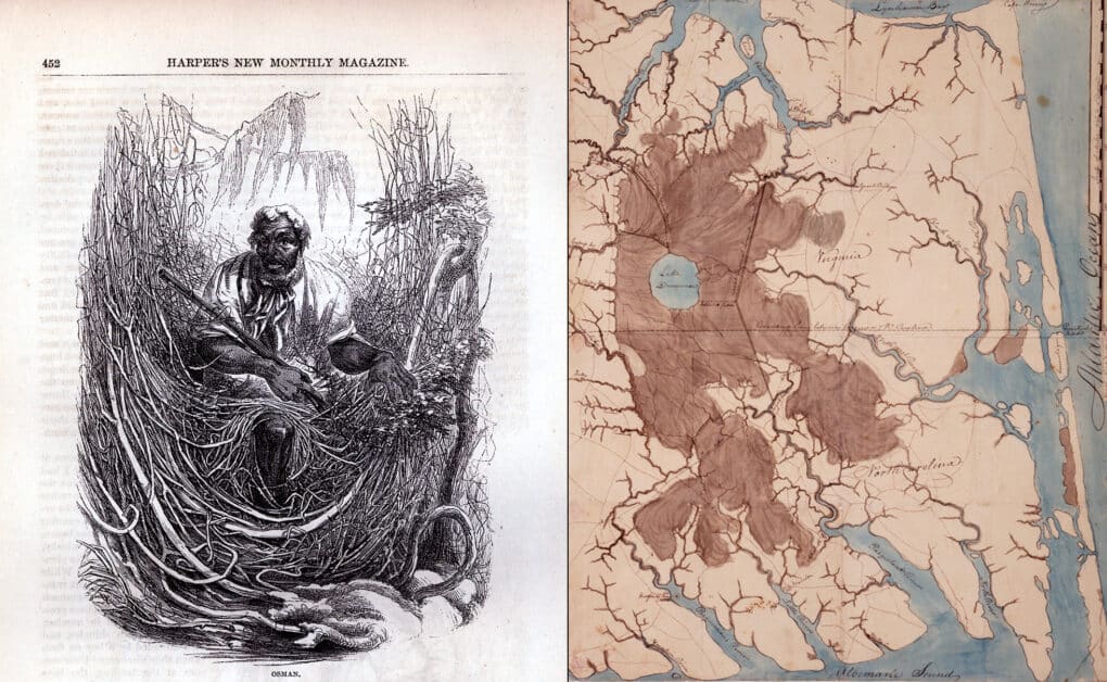 Diptych: Left, black-and-white engraving of white-haired black man carrying a gun and surrounded by vines and moss; right: hand-drawn colored map of swampland.