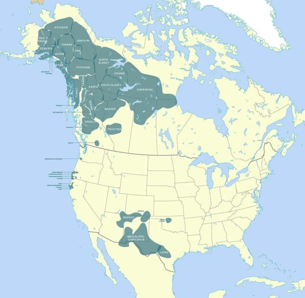 Map of North America with territories shaded across Canada, in coastal Washington state, Oregon, and northern California, and in the Four Corners area/southern Arizona and Texas.